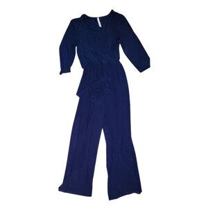 NY Collection Jumpsuit Womens Size XLP XL Petite Solid All Blue Belted Pull On